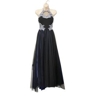 Blondie Nites Jr Sz 3 Prom Formal‎ Gown Embellished Halter Tooled Skirt Blue